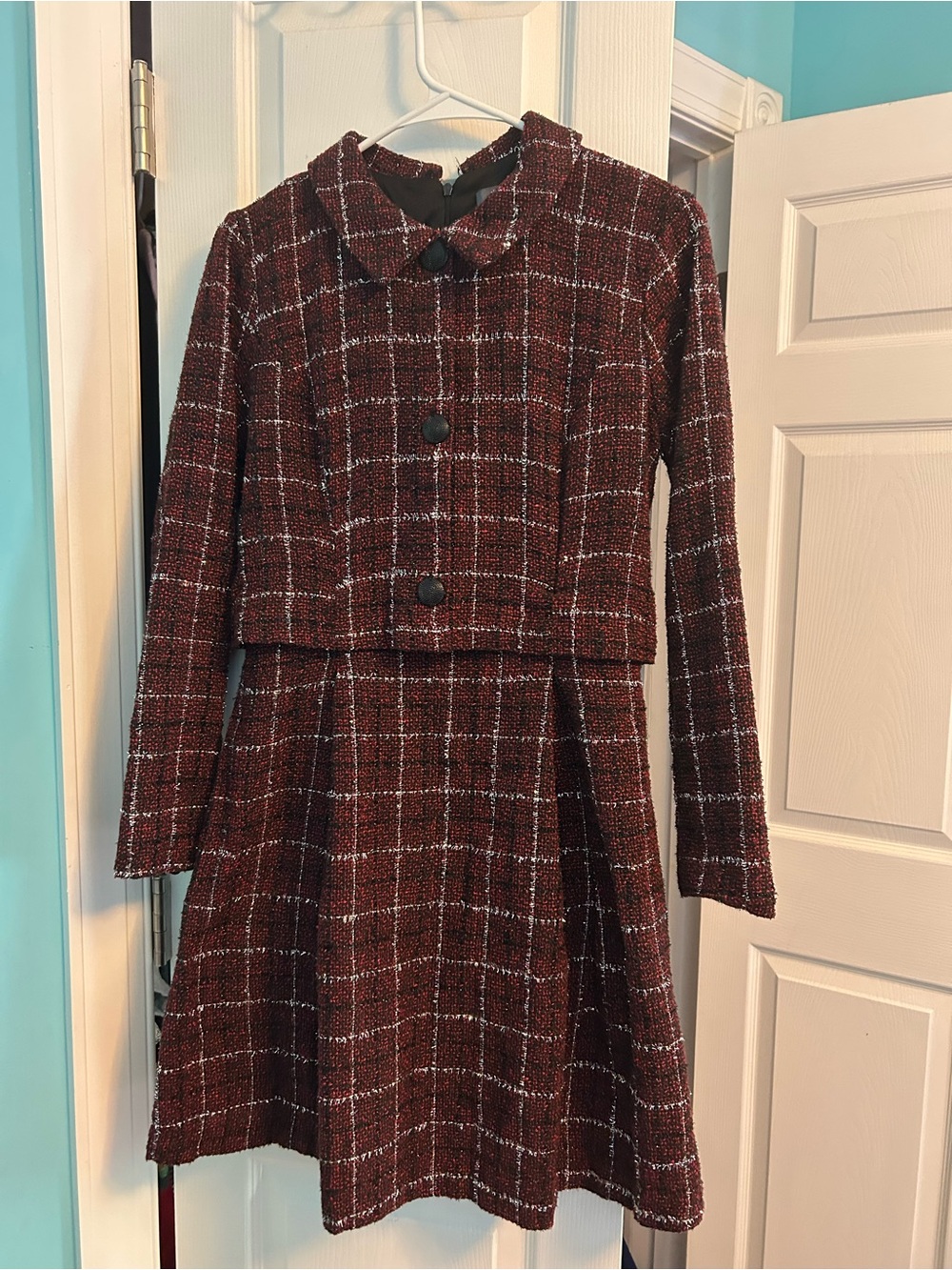 julia jordan Girls Burgundy Plaid Tweed Dress Set with Cropped Jacket